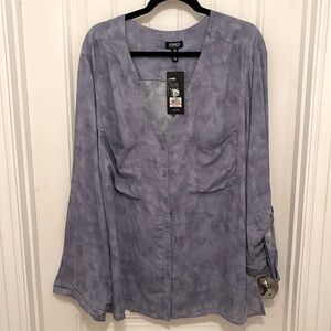 Jones New York V-Neck button up convert long sleeve shirt‎ women’s sz 3X blue